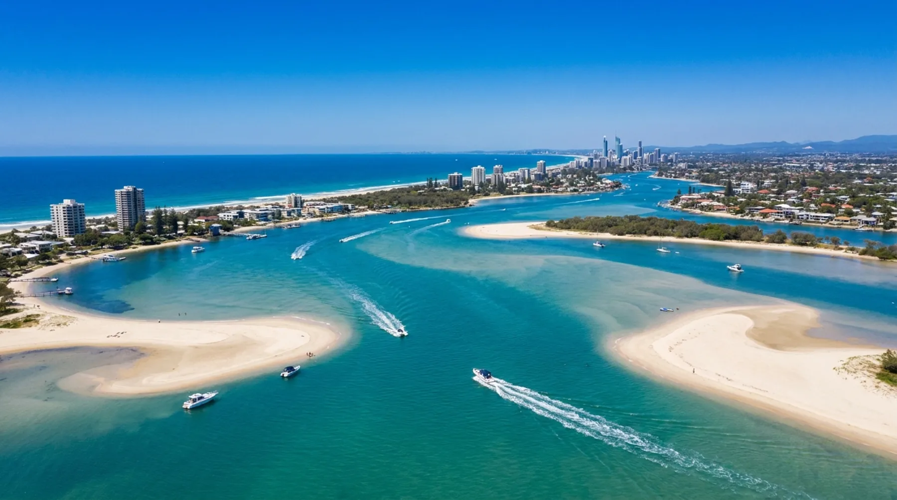 Aerial view of the Gold Coast Broadwater and Seaway with boats leaving white wakes