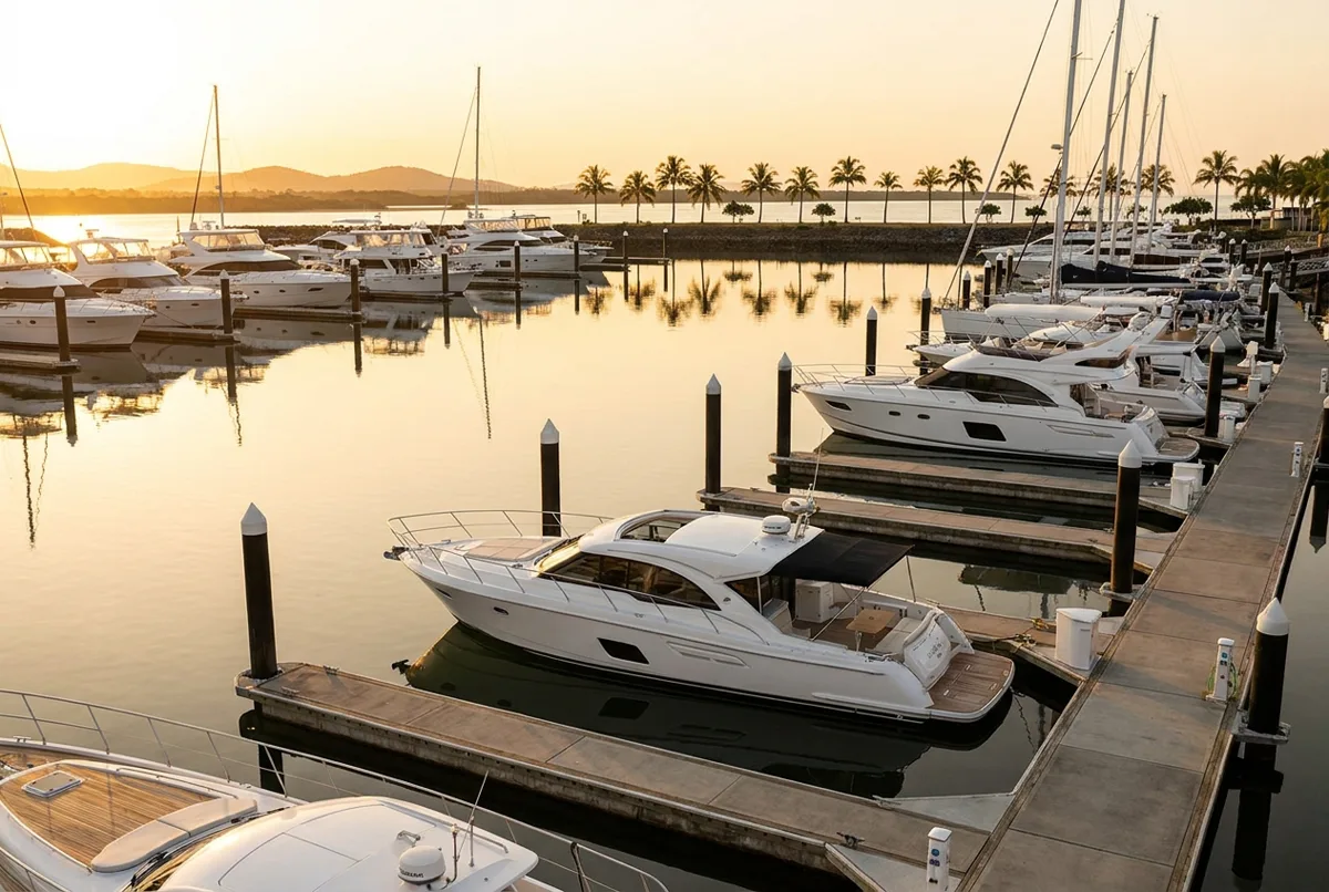 Boats moored along floating berths at an upscale marina