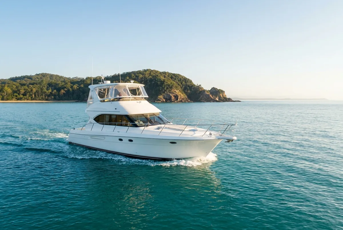 Flybridge motor cruiser underway on calm Queensland coastal water