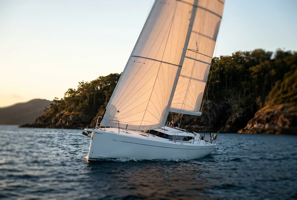 Monohull sailing yacht under full sail on coastal water at golden hour