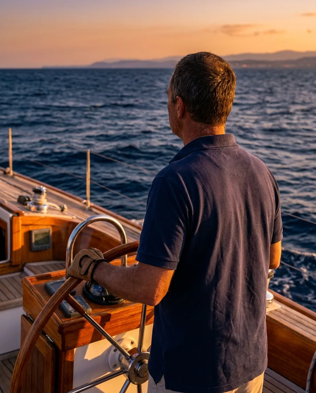 Skipper at the helm of a yacht underway at golden hour